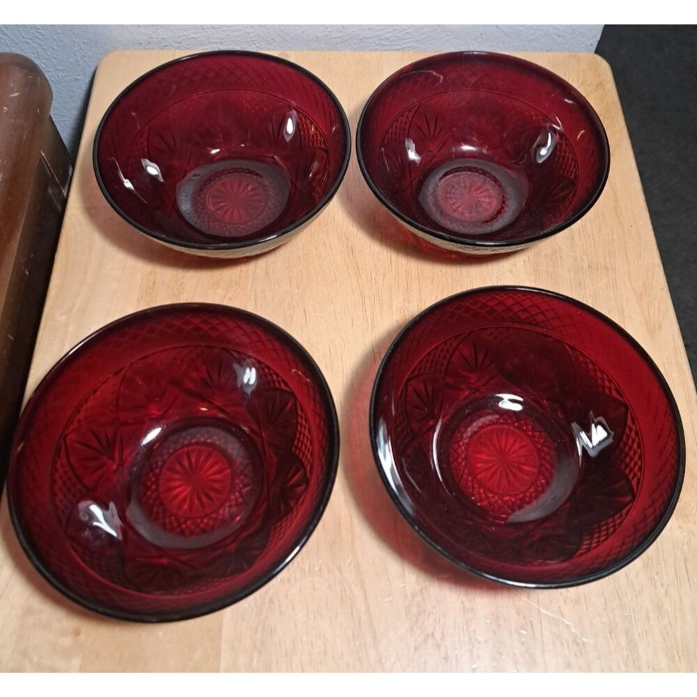 Vintage Set of 4 Ruby Red Glass Bowls Diamond Cut Serving Dessert 5.5”